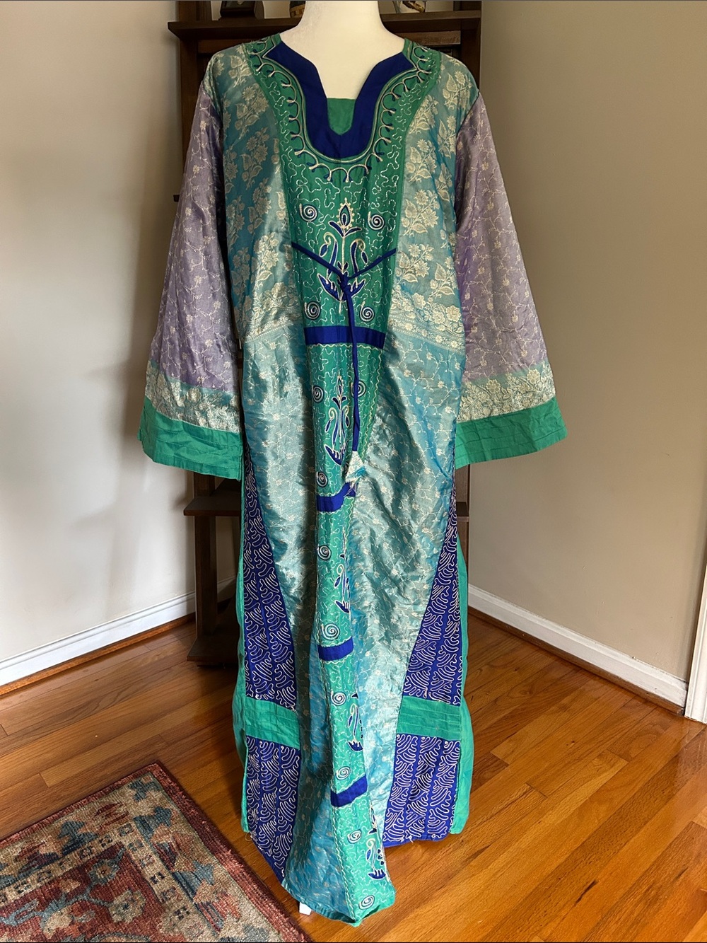 Vintage Embroidered Teal, Royal Blue and purple Caftan / Kaftan - patchwork